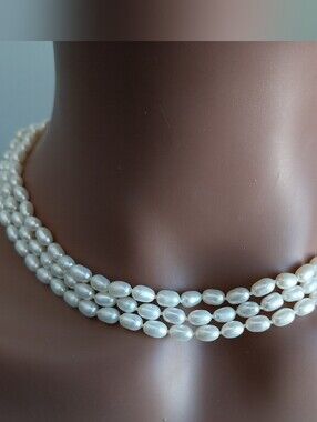 Vintage Triple-Strand Pearl Sterling Silver Lock Necklace